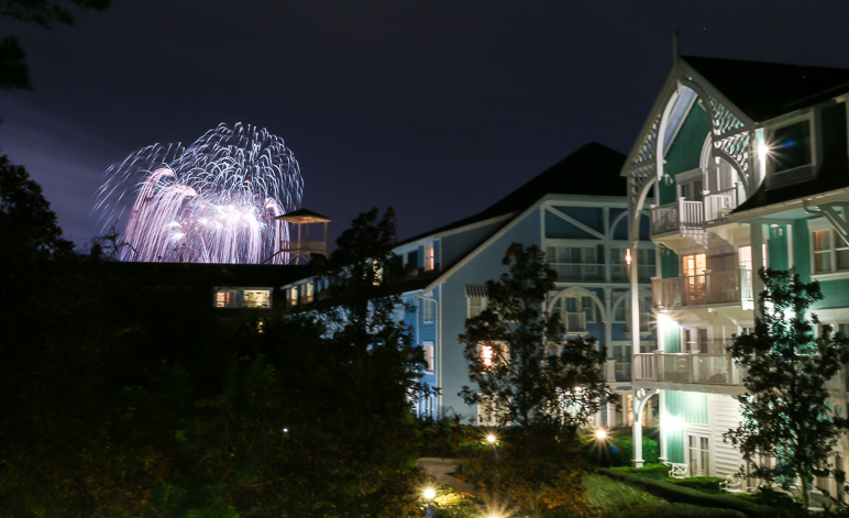 Nighttime photo of the Beach Club Villas with Epcot's fireworks (203.96 KB)
